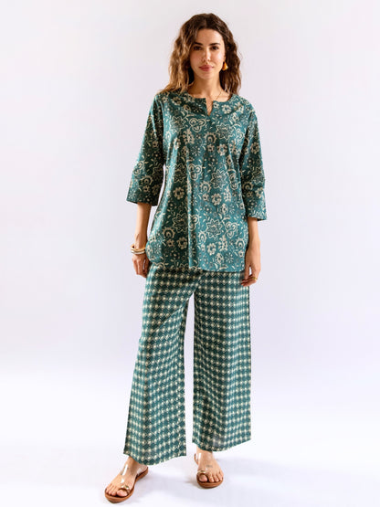 Teal Botanical Jaal  Pure Cotton Round neck Co-ord set