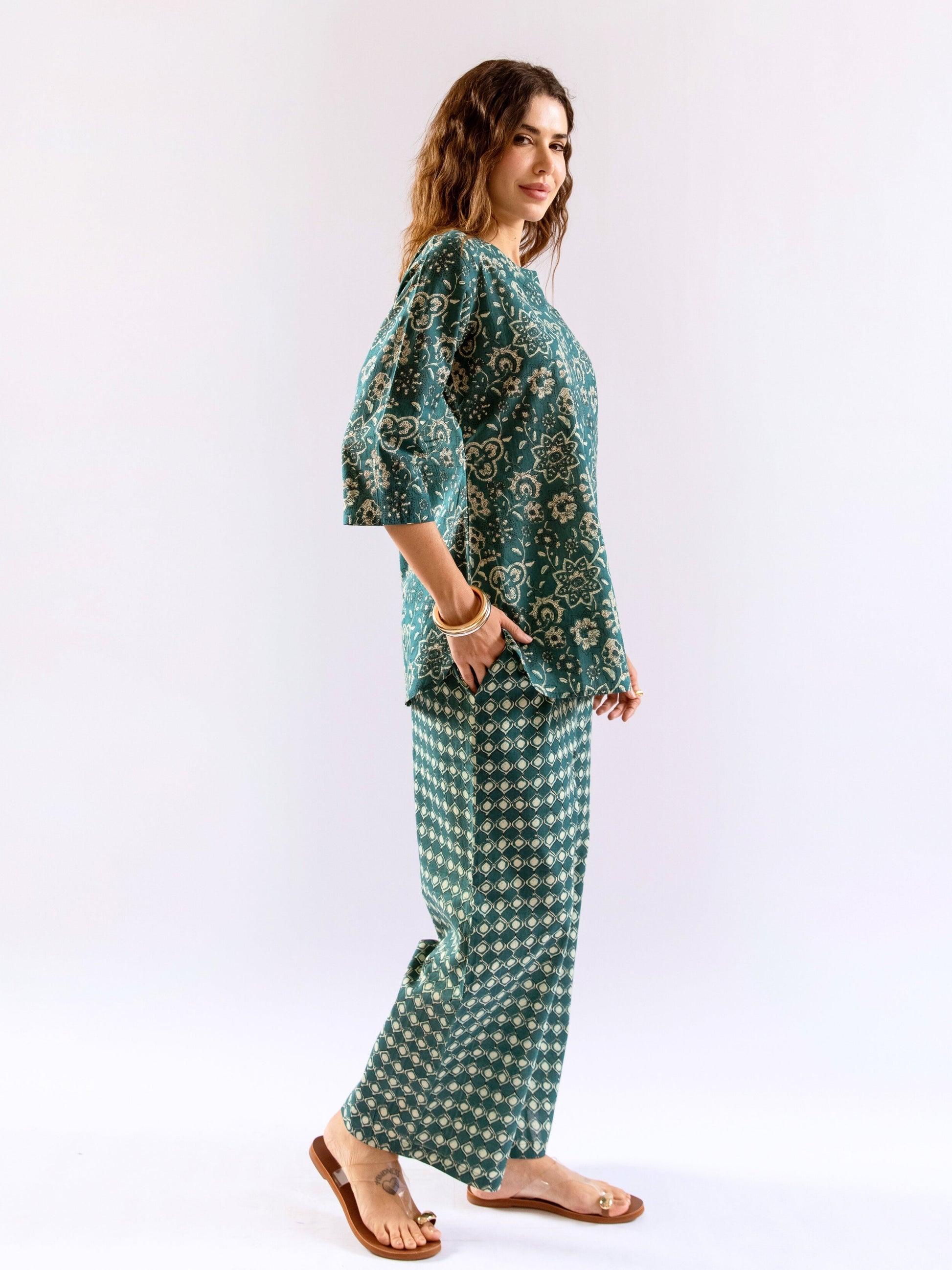 Teal Botanical Jaal  Pure Cotton Round neck Co-ord set
