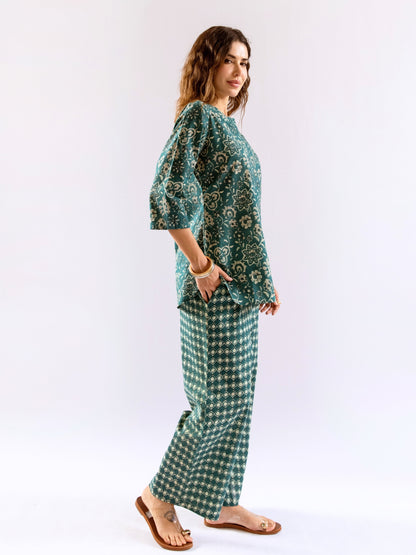 Teal Botanical Jaal  Pure Cotton Round neck Co-ord set