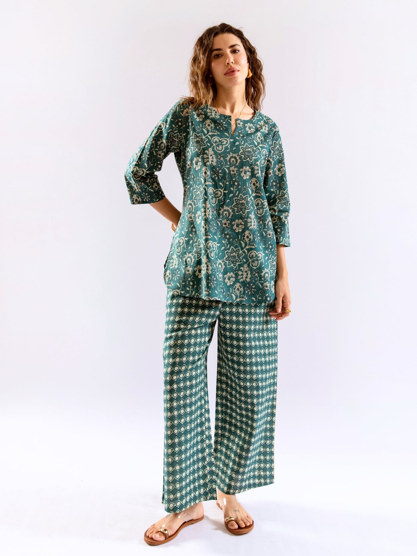 Teal Botanical Jaal  Pure Cotton Round neck Co-ord set