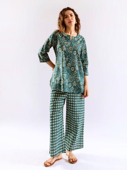 Teal Botanical Jaal  Pure Cotton Round neck Co-ord set