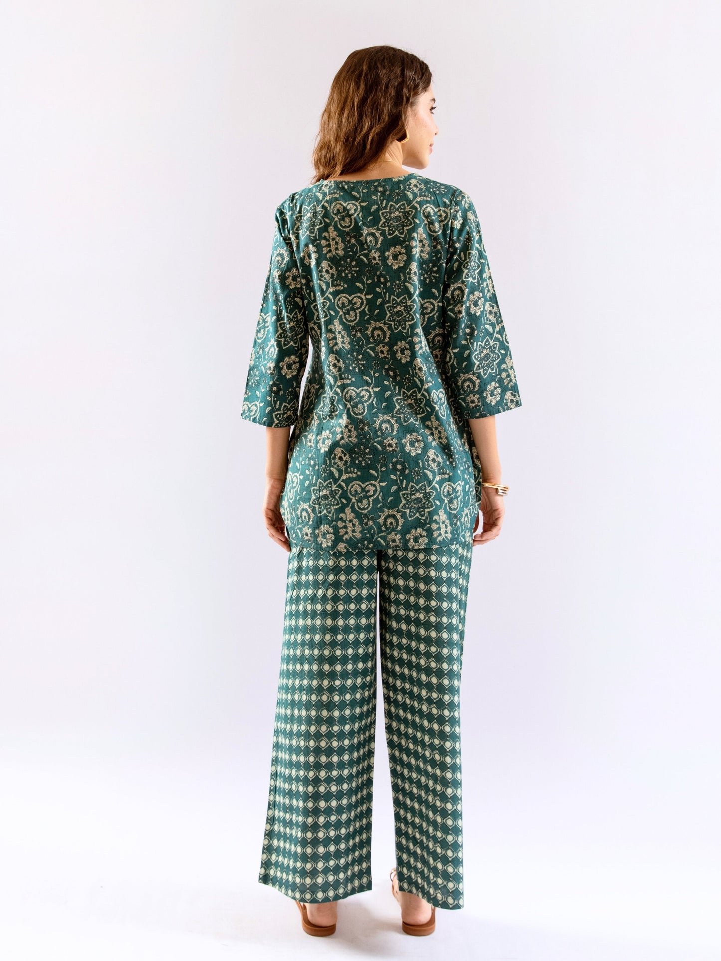 Teal Botanical Jaal  Pure Cotton Round neck Co-ord set