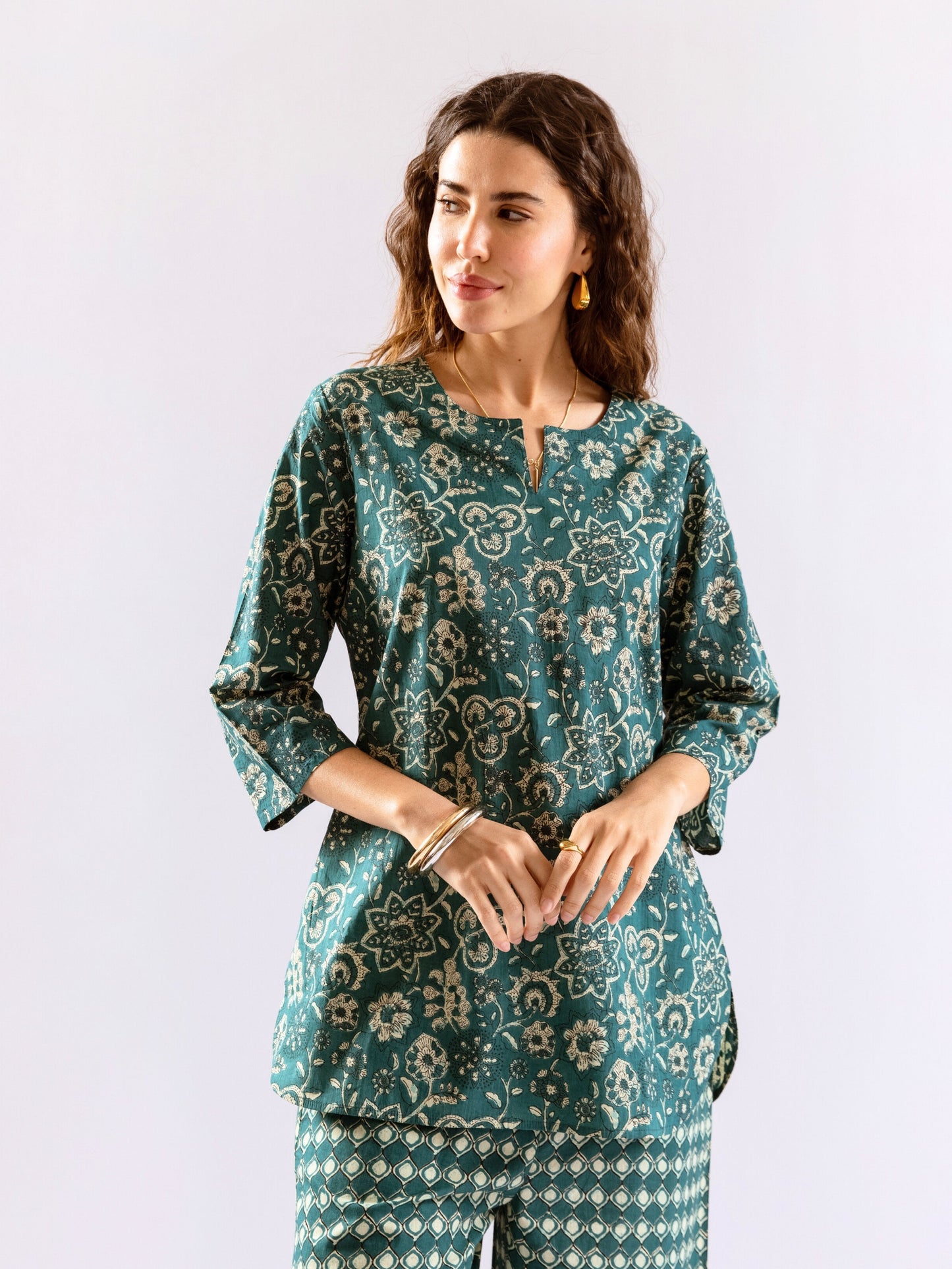 Teal Botanical Jaal  Pure Cotton Round neck Co-ord set