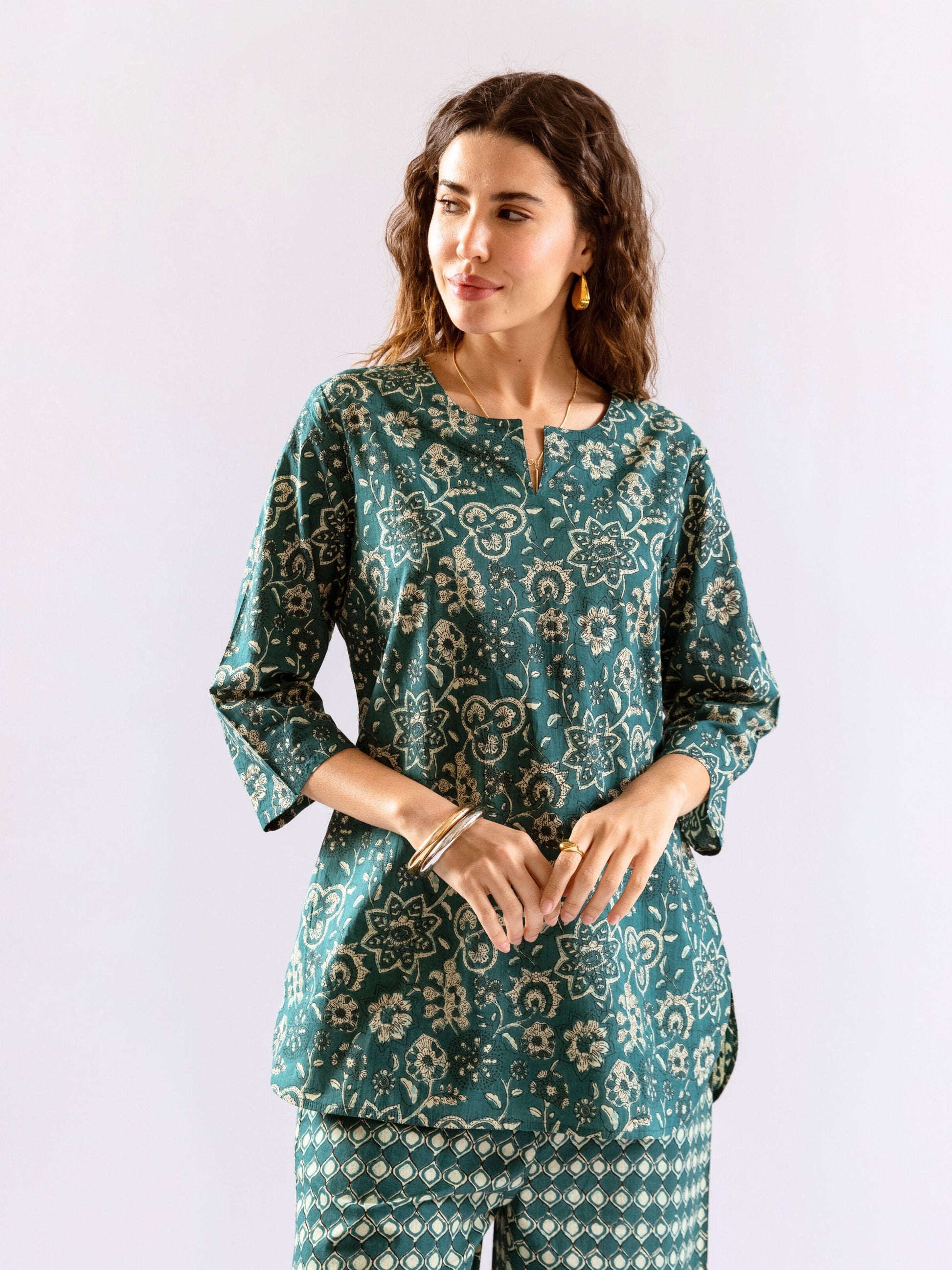 Teal Botanical Jaal  Pure Cotton Round neck Co-ord set