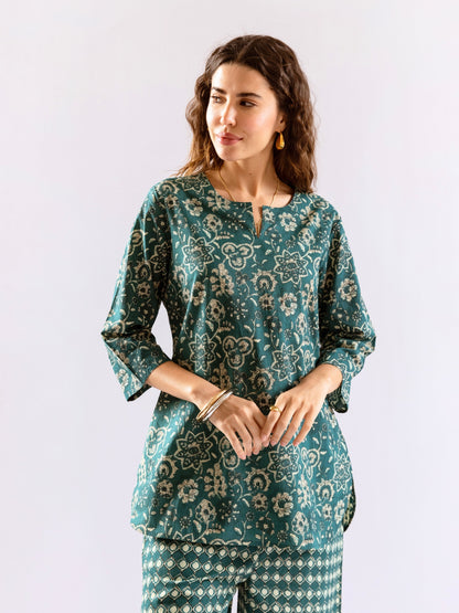 Teal Botanical Jaal  Pure Cotton Round neck Co-ord set