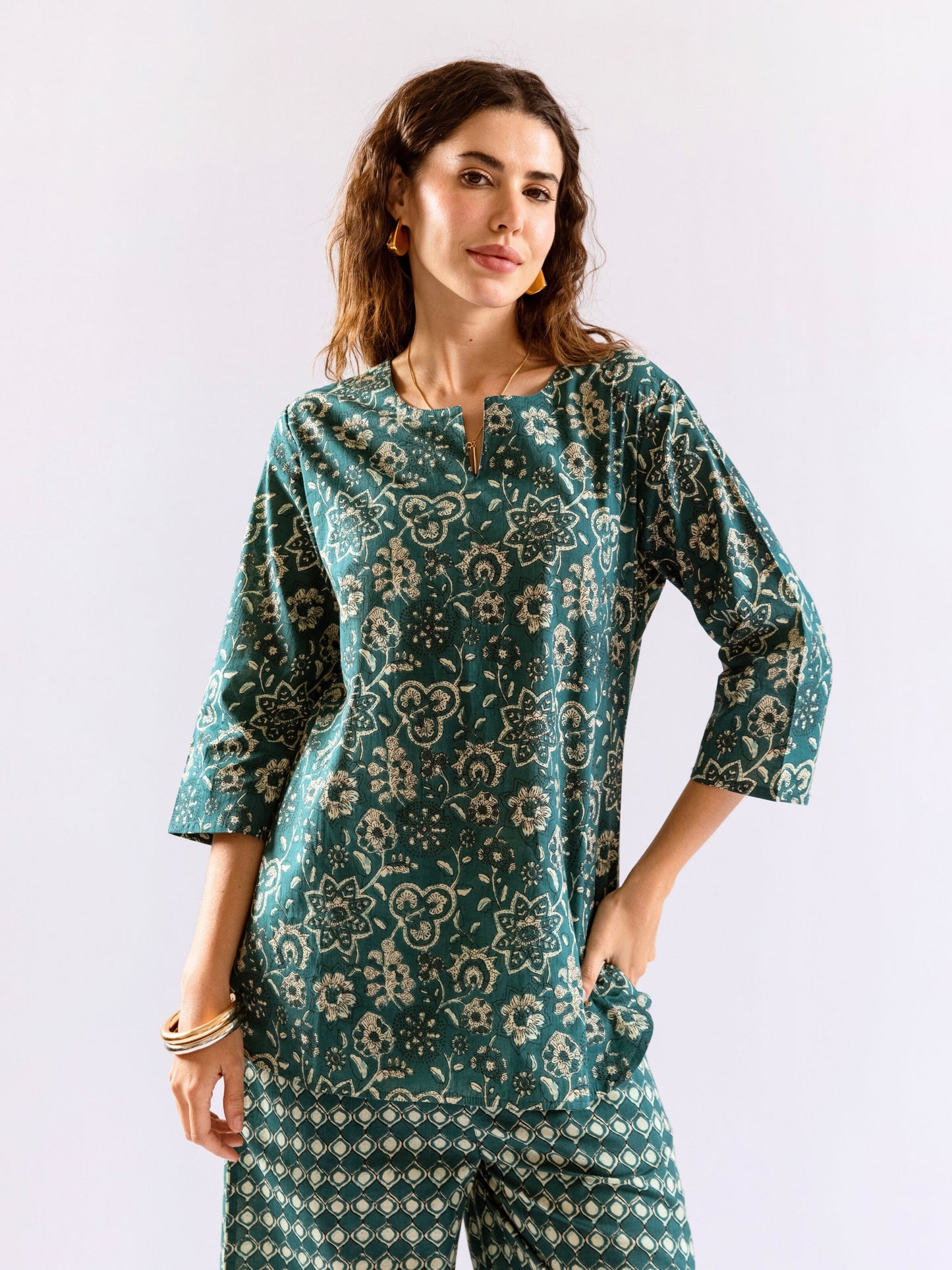 Teal Botanical Jaal  Pure Cotton Round neck Co-ord set