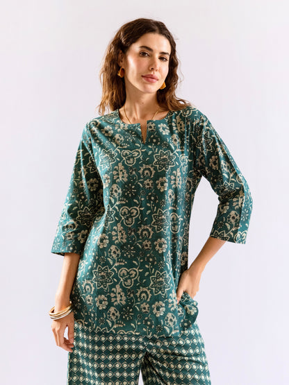 Teal Botanical Jaal  Pure Cotton Round neck Co-ord set