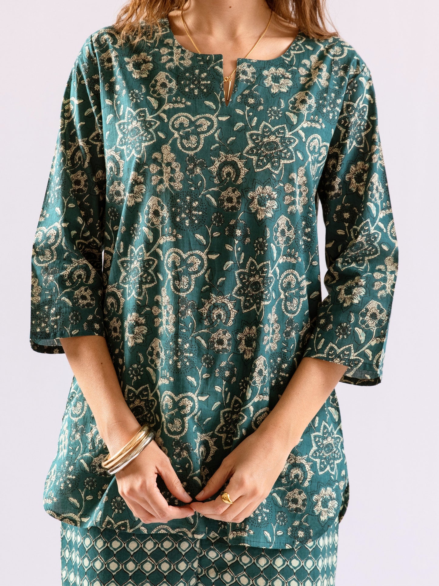 Teal Botanical Jaal  Pure Cotton Round neck Co-ord set