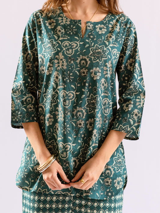Teal Botanical Jaal  Pure Cotton Round neck Co-ord set
