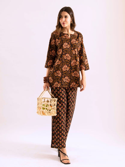 Black Abstract floral Pure Cotton Round neck Co-ord set