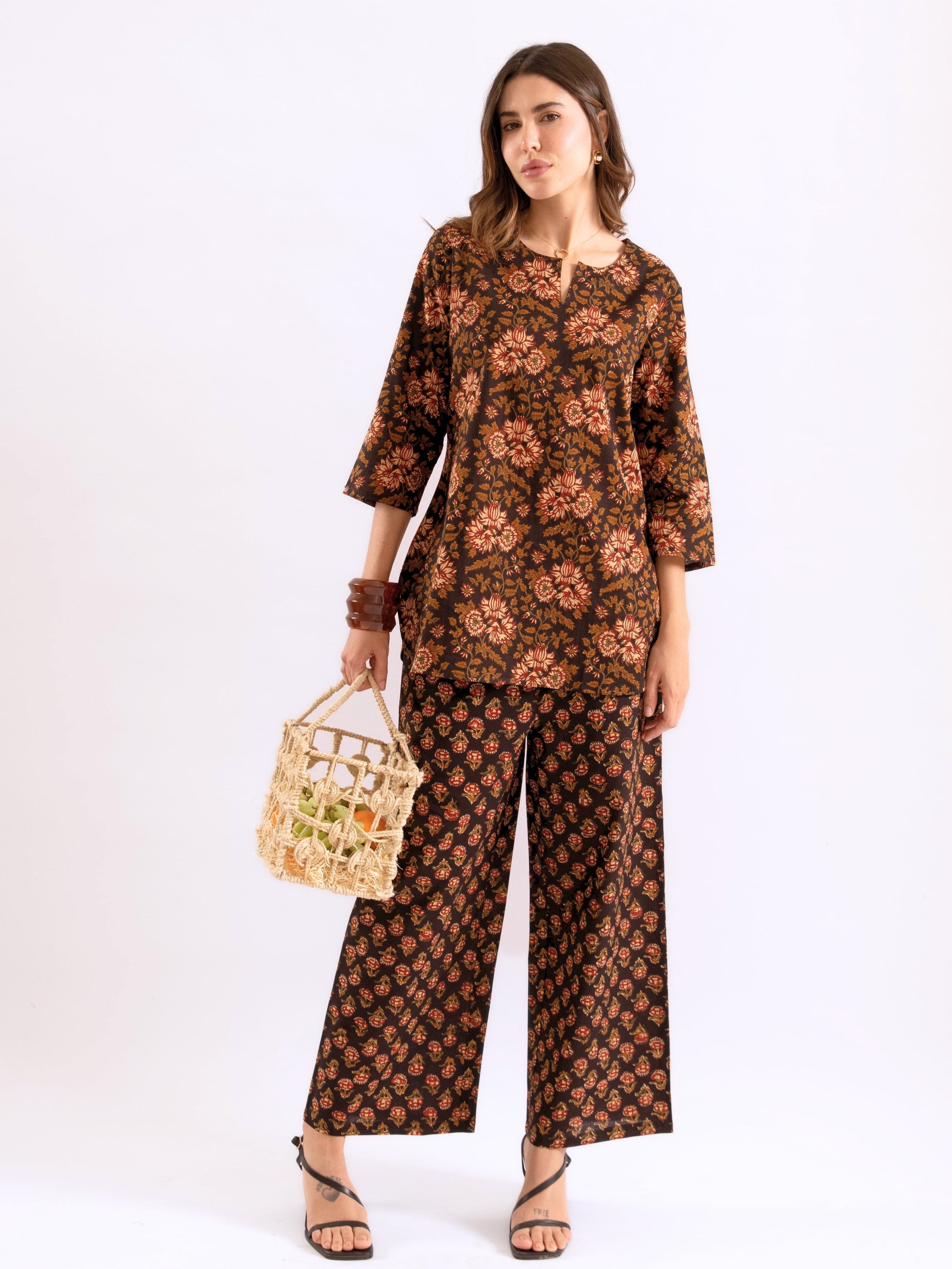 Black Abstract floral Pure Cotton Round neck Co-ord set