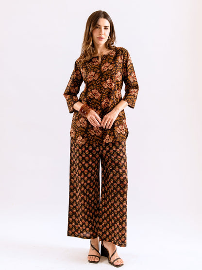Black Abstract floral Pure Cotton Round neck Co-ord set