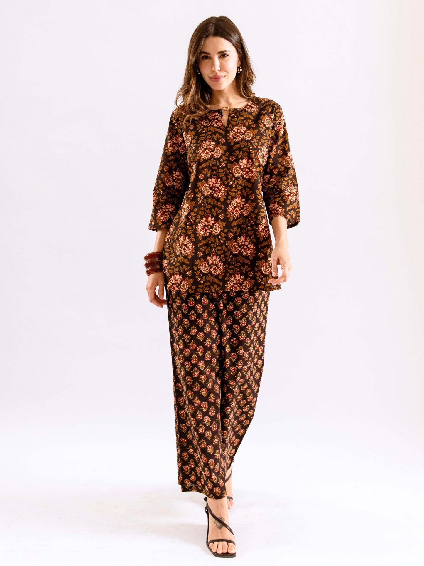 Black Abstract floral Pure Cotton Round neck Co-ord set