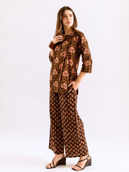 Black Abstract floral Pure Cotton Round neck Co-ord set