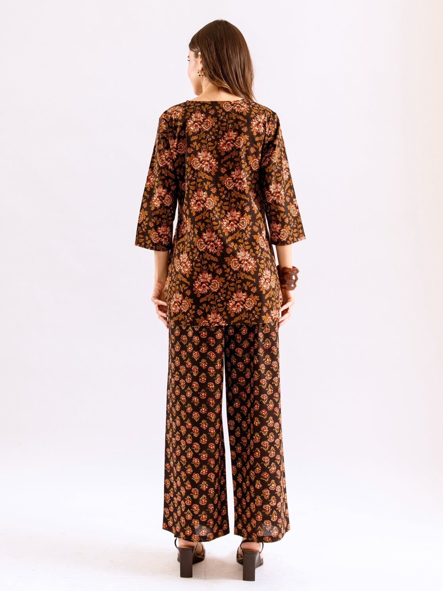 Black Abstract floral Pure Cotton Round neck Co-ord set