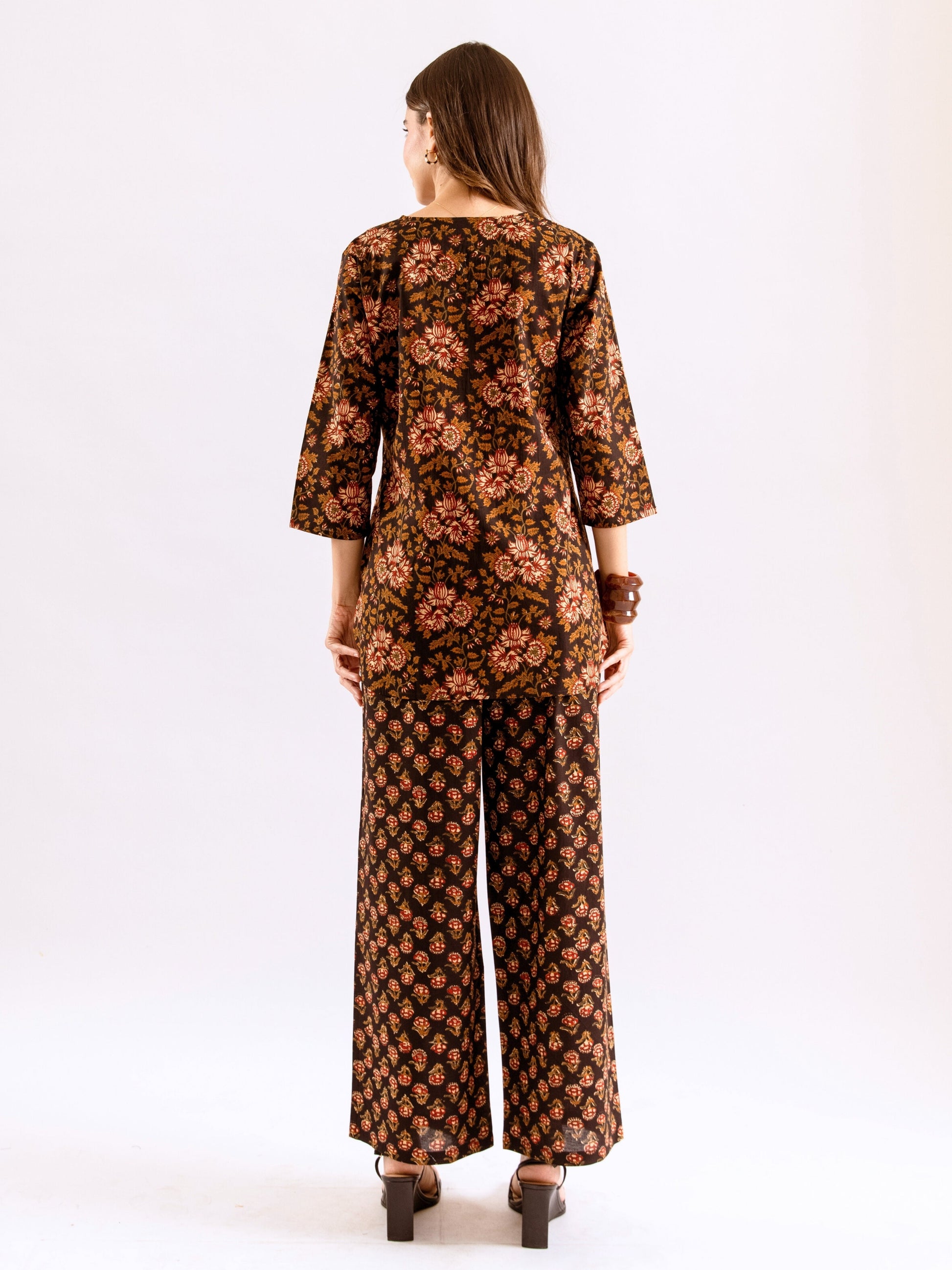 Black Abstract floral Pure Cotton Round neck Co-ord set