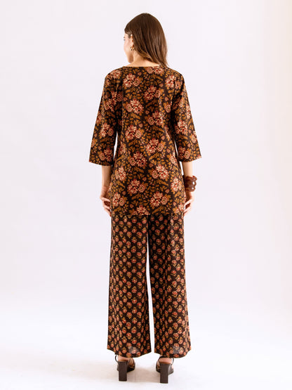 Black Abstract floral Pure Cotton Round neck Co-ord set