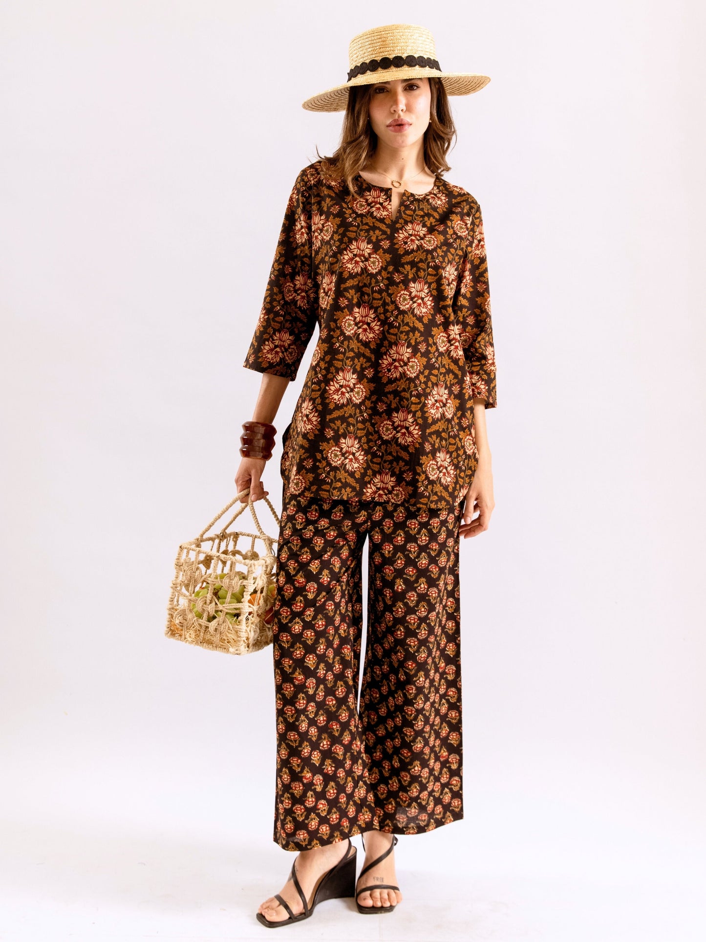 Black Abstract floral Pure Cotton Round neck Co-ord set