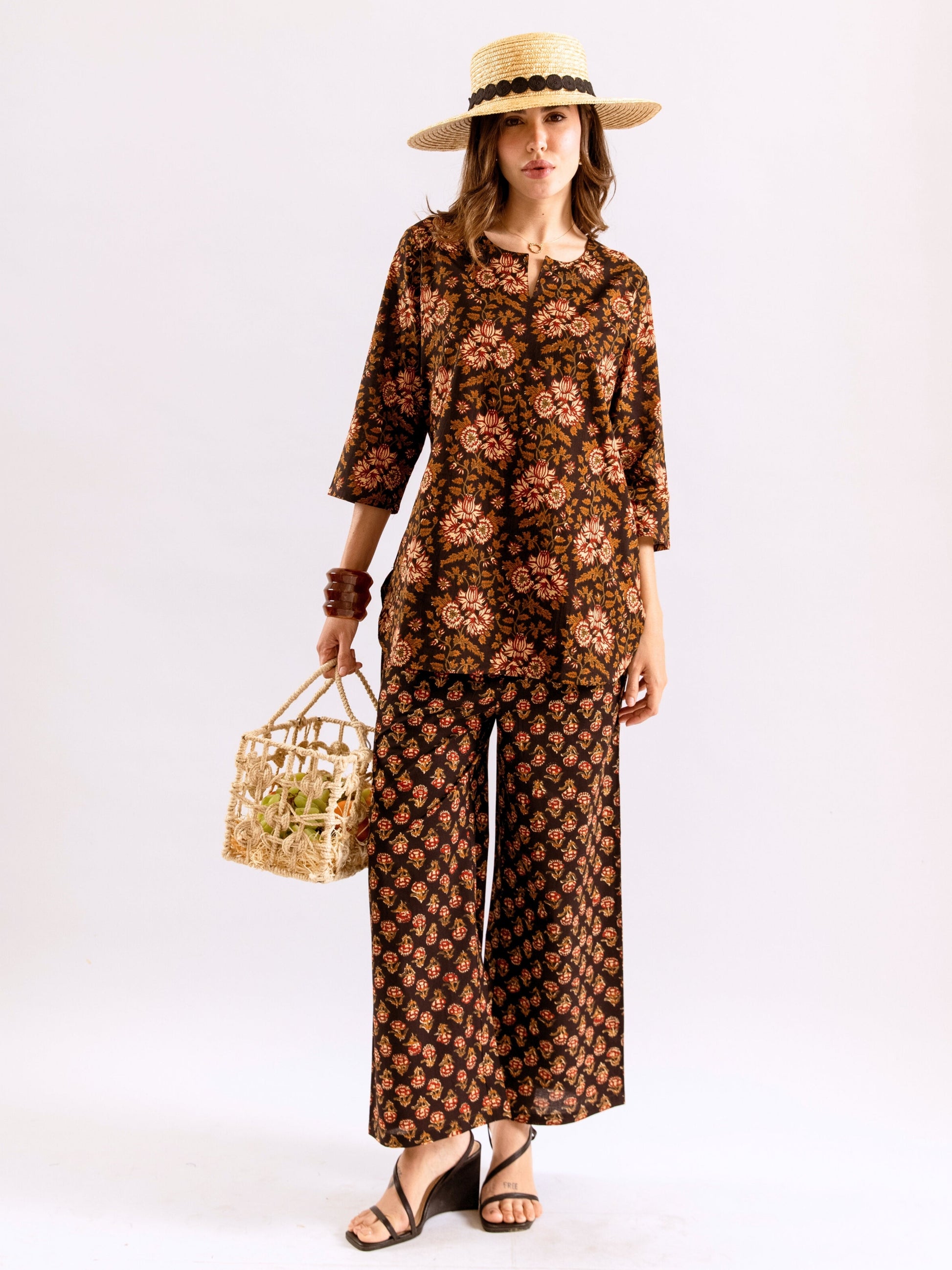 Black Abstract floral Pure Cotton Round neck Co-ord set