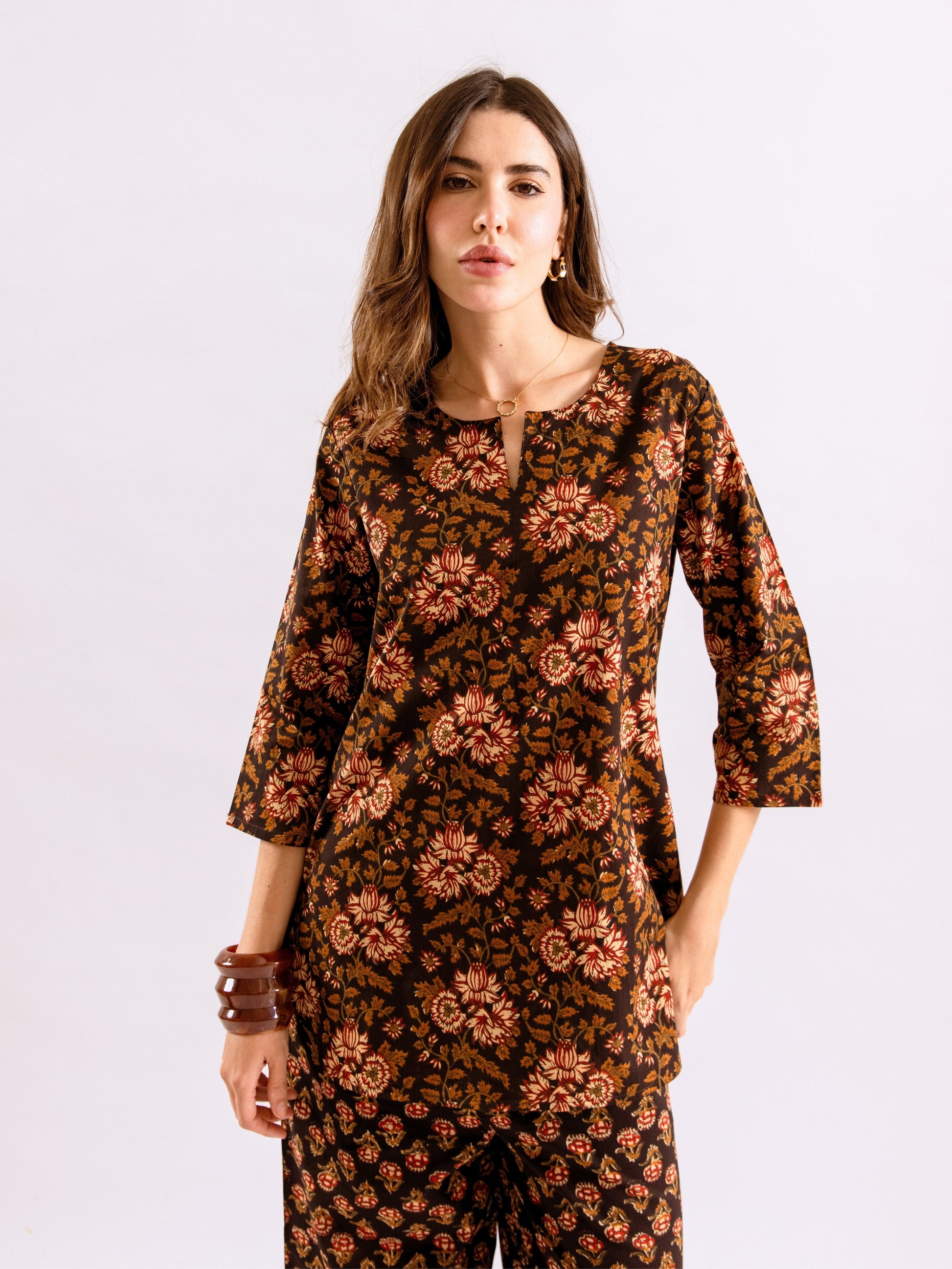 Black Abstract floral Pure Cotton Round neck Co-ord set