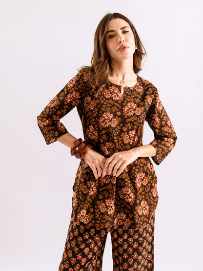 Black Abstract floral Pure Cotton Round neck Co-ord set