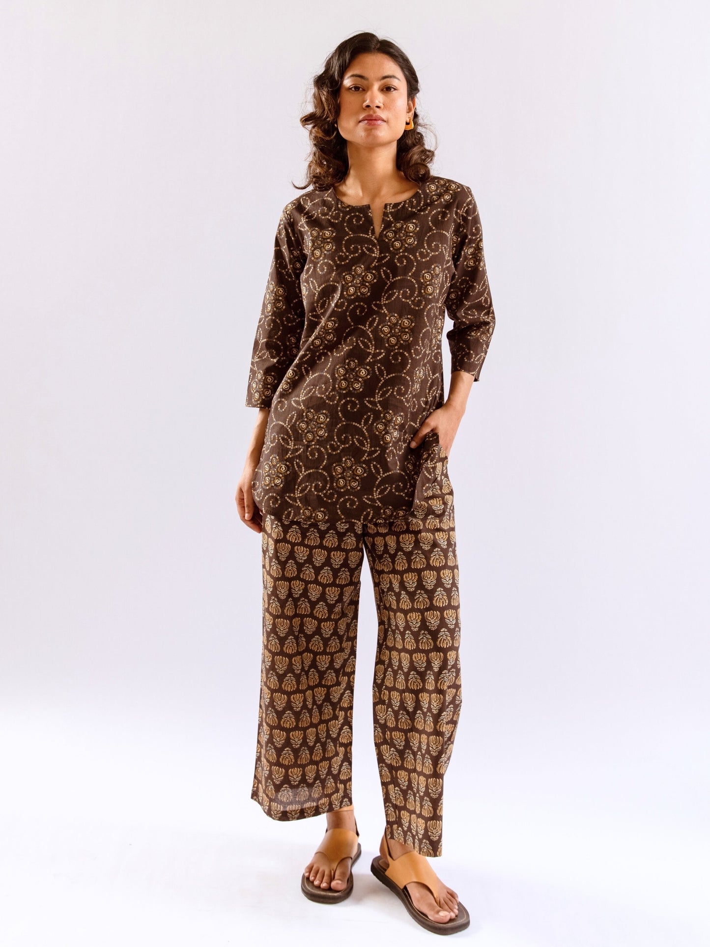 Brown Bandhani Jaal  Print Pure Cotton Round neck Co-ord set