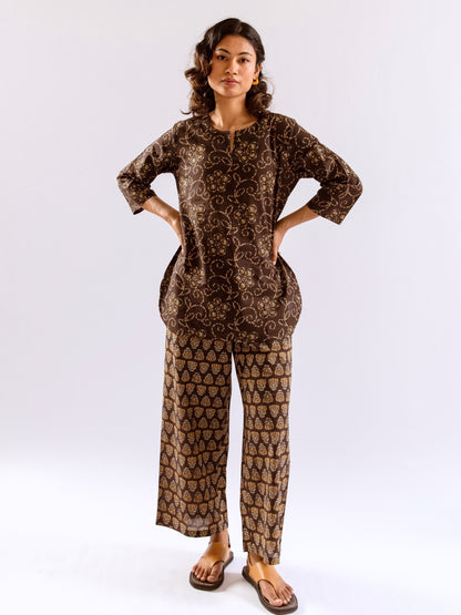 Brown Bandhani Jaal  Print Pure Cotton Round neck Co-ord set