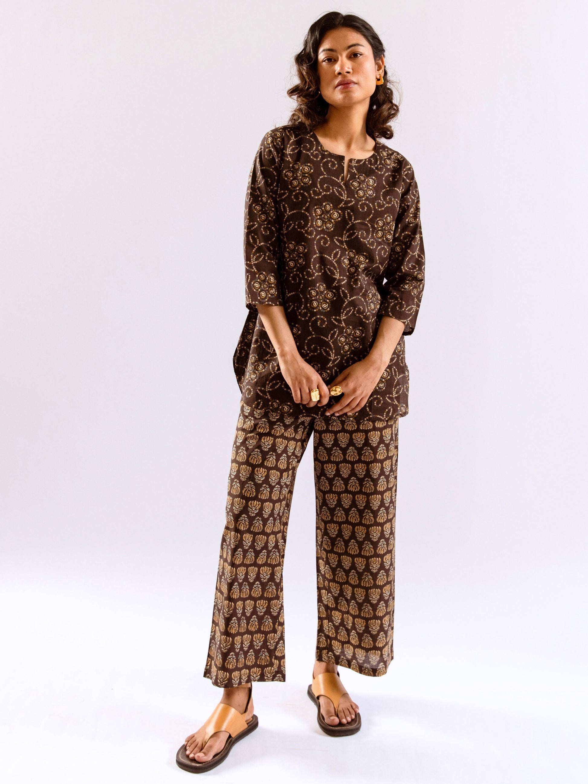 Brown Bandhani Jaal  Print Pure Cotton Round neck Co-ord set