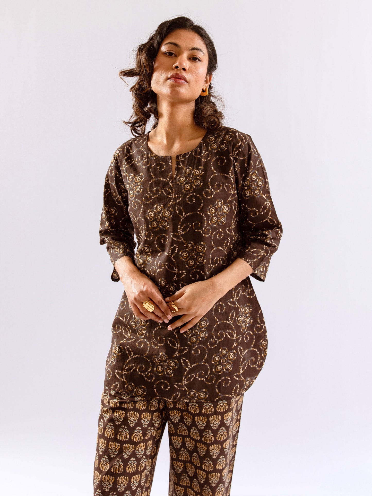 Brown Bandhani Jaal  Print Pure Cotton Round neck Co-ord set