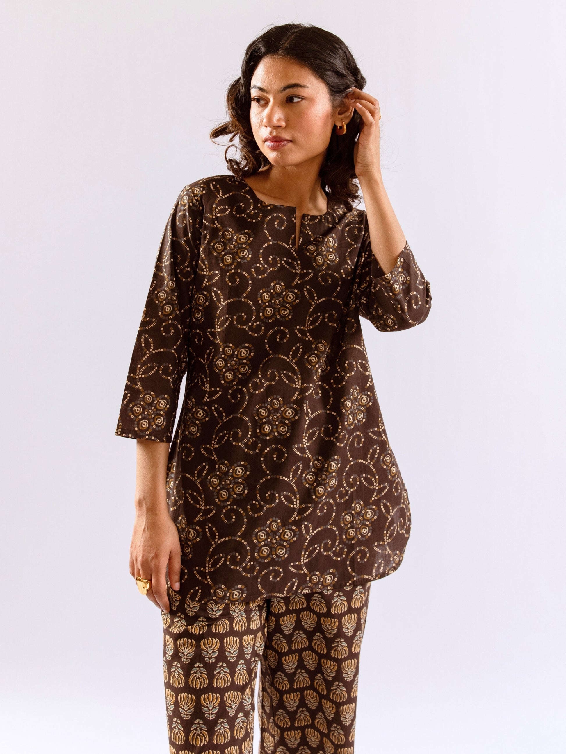 Brown Bandhani Jaal  Print Pure Cotton Round neck Co-ord set