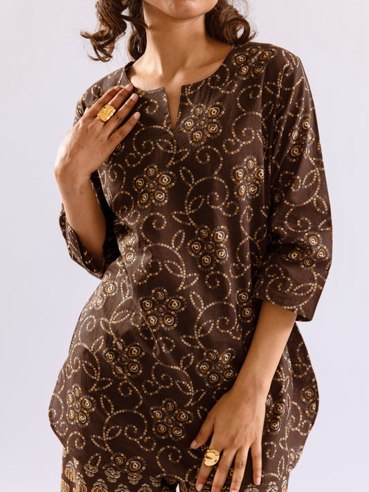 Brown Bandhani Jaal  Print Pure Cotton Round neck Co-ord set