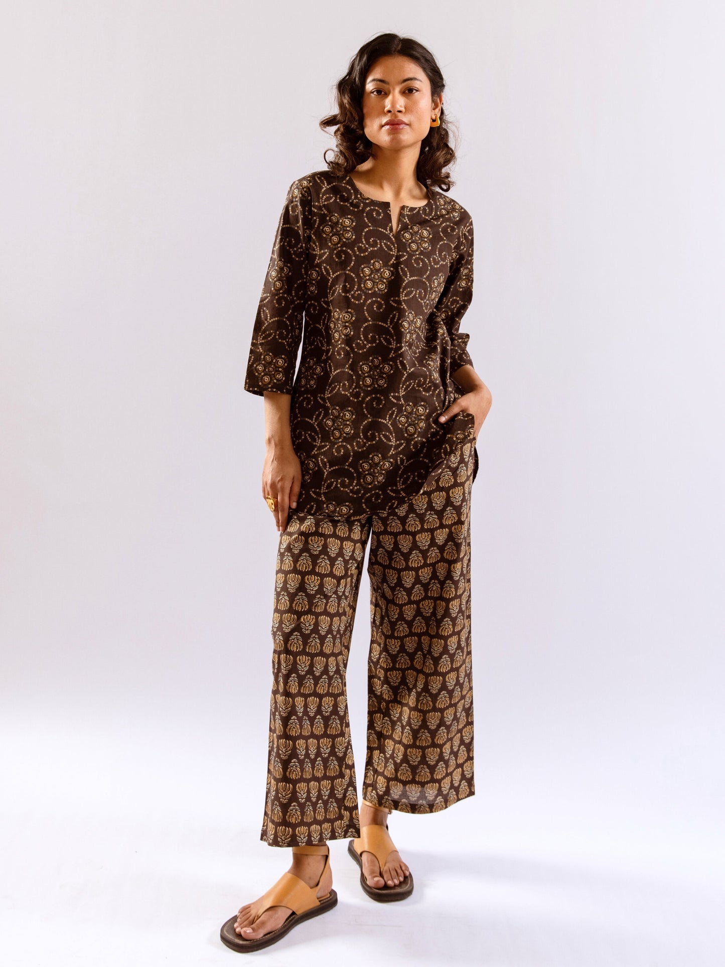 Brown Bandhani Jaal  Print Pure Cotton Round neck Co-ord set