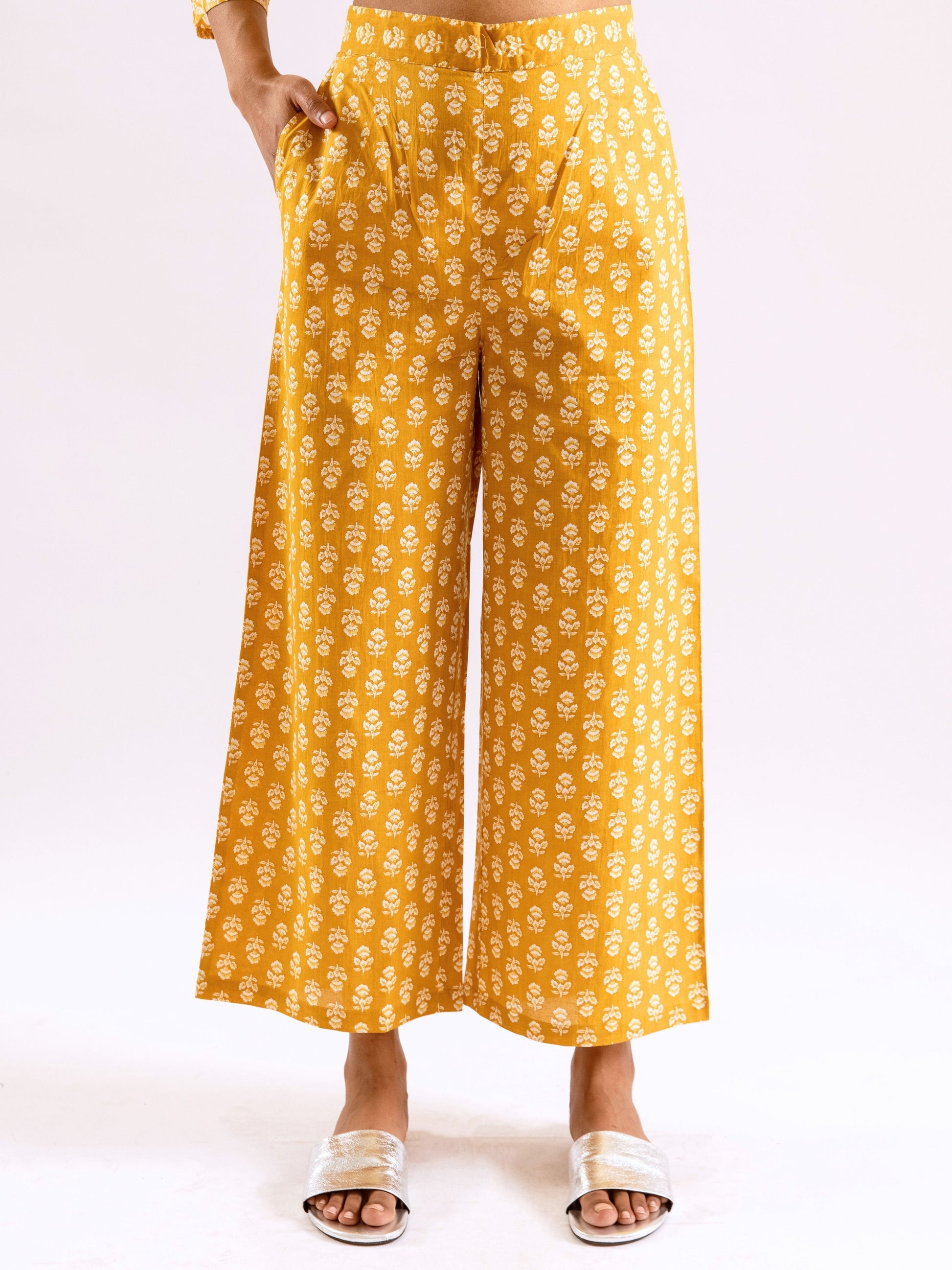 Yellow Bloomscape Print Pure Cotton Round neck Co-ord set