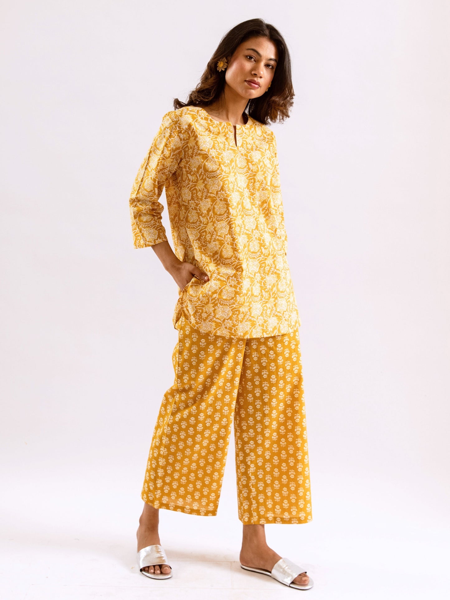 Yellow Bloomscape Print Pure Cotton Round neck Co-ord set