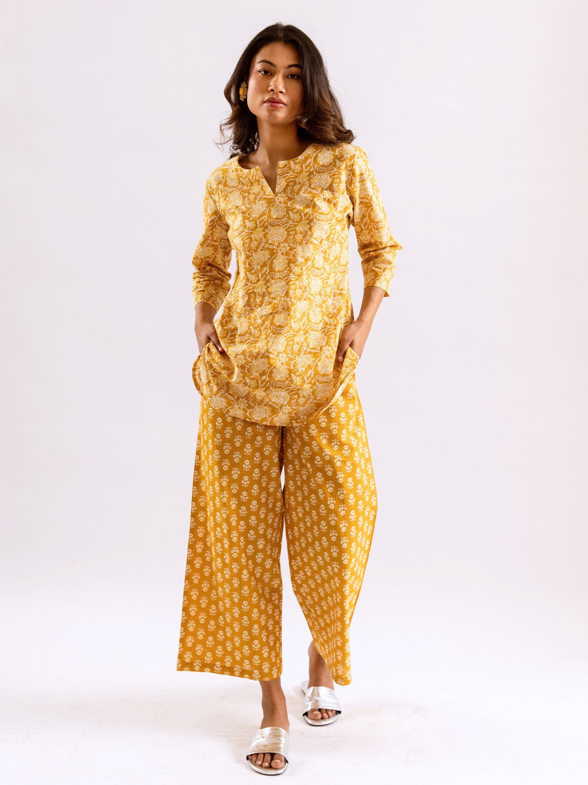 Yellow Bloomscape Print Pure Cotton Round neck Co-ord set