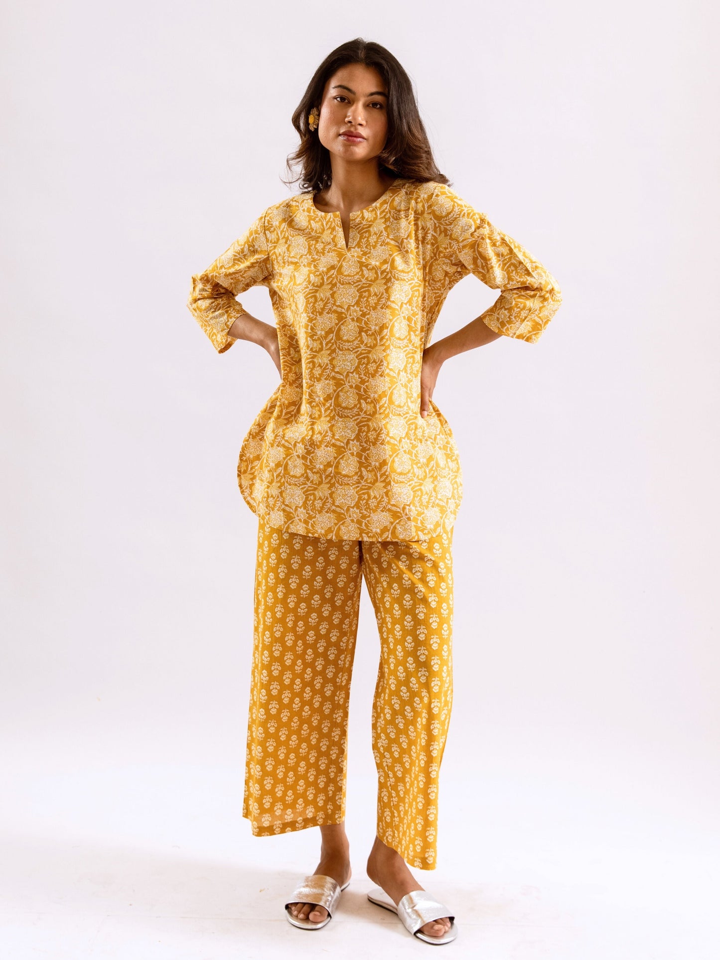 Yellow Bloomscape Print Pure Cotton Round neck Co-ord set