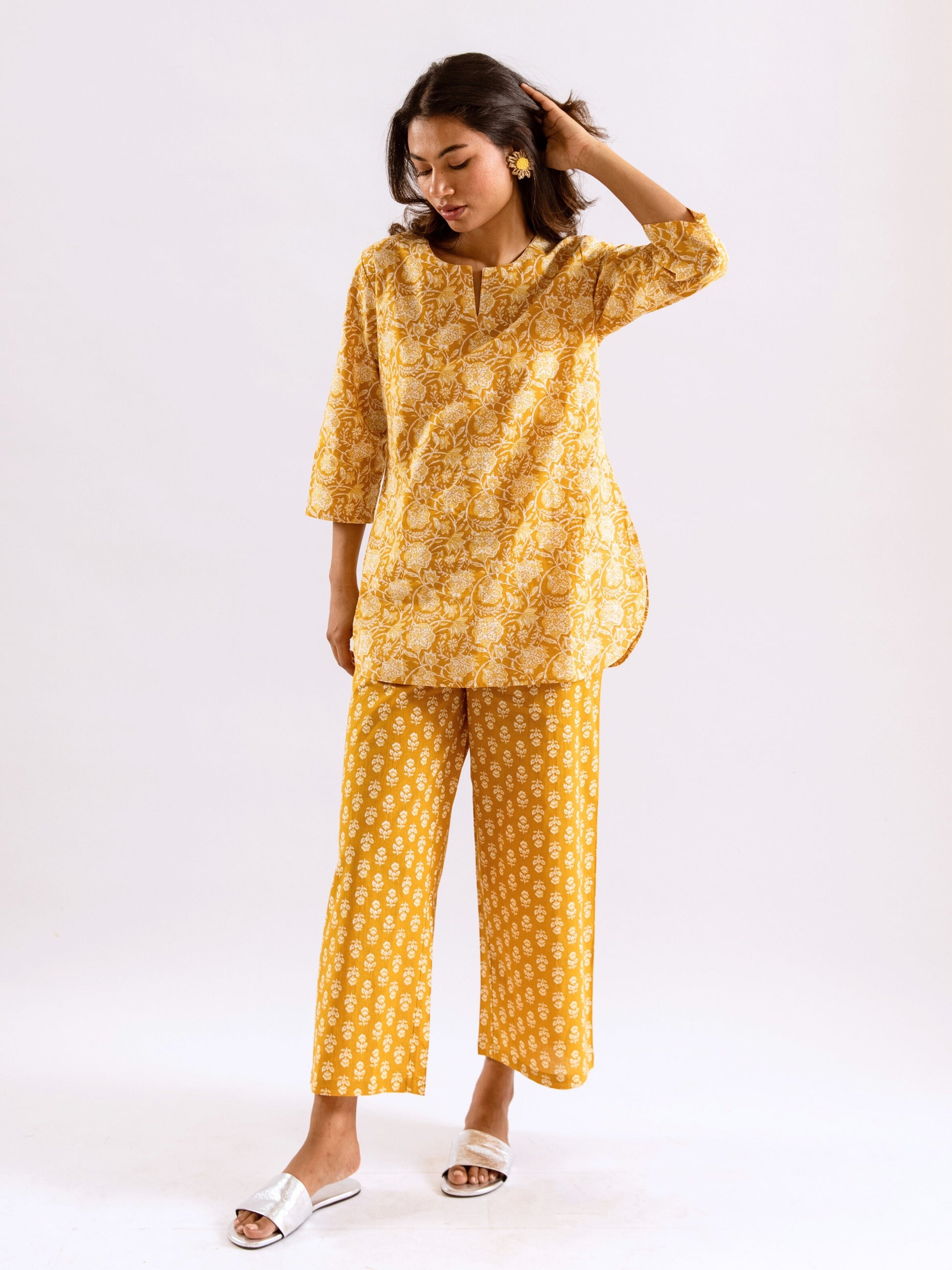 Yellow Bloomscape Print Pure Cotton Round neck Co-ord set