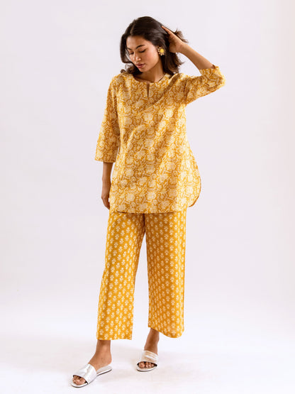 Yellow Bloomscape Print Pure Cotton Round neck Co-ord set