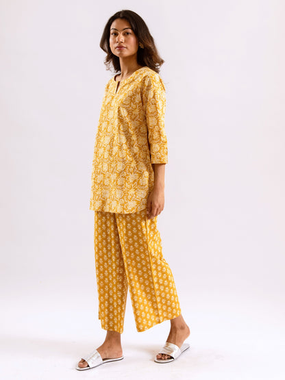 Yellow Bloomscape Print Pure Cotton Round neck Co-ord set