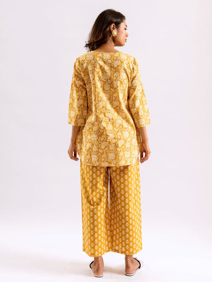 Yellow Bloomscape Print Pure Cotton Round neck Co-ord set