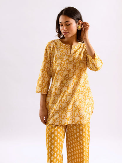 Yellow Bloomscape Print Pure Cotton Round neck Co-ord set