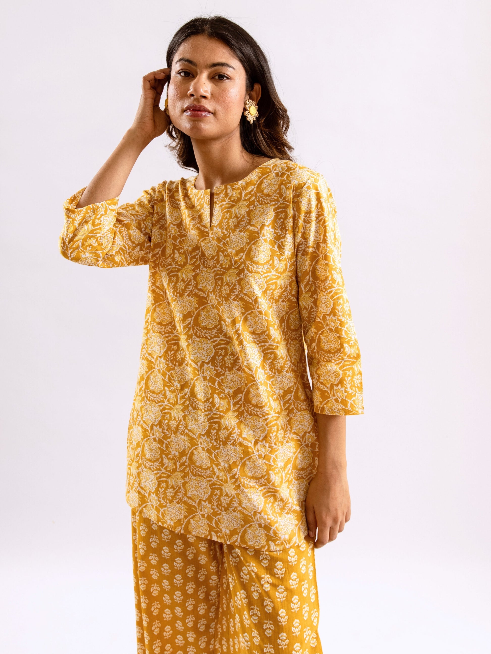 Yellow Bloomscape Print Pure Cotton Round neck Co-ord set