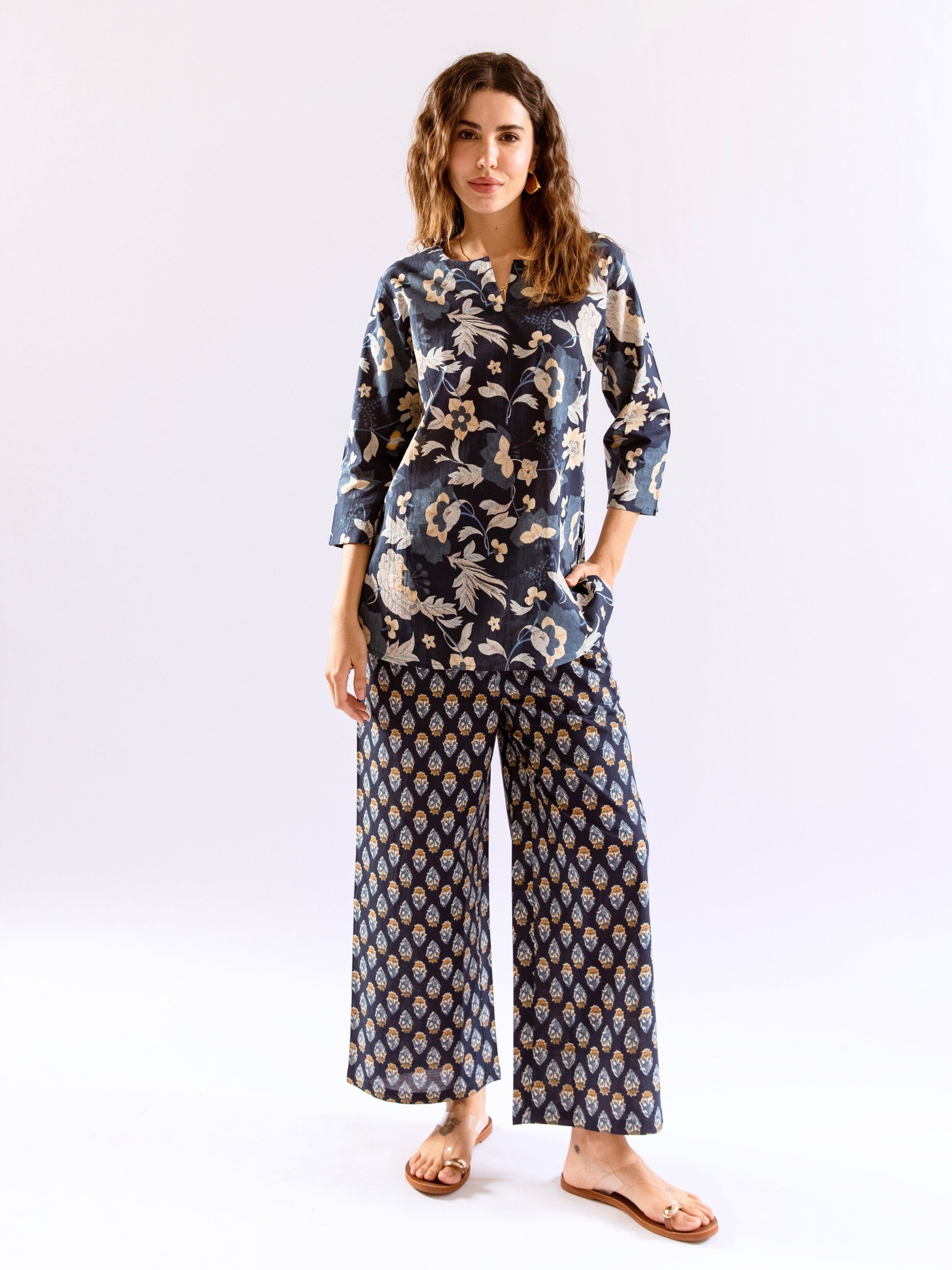 Navy Blue Petal Hush Print Pure Cotton Round neck Co-ord set