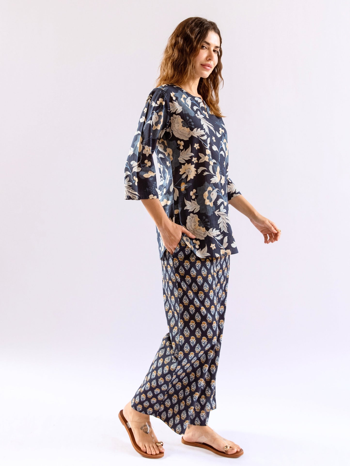 Navy Blue Petal Hush Print Pure Cotton Round neck Co-ord set