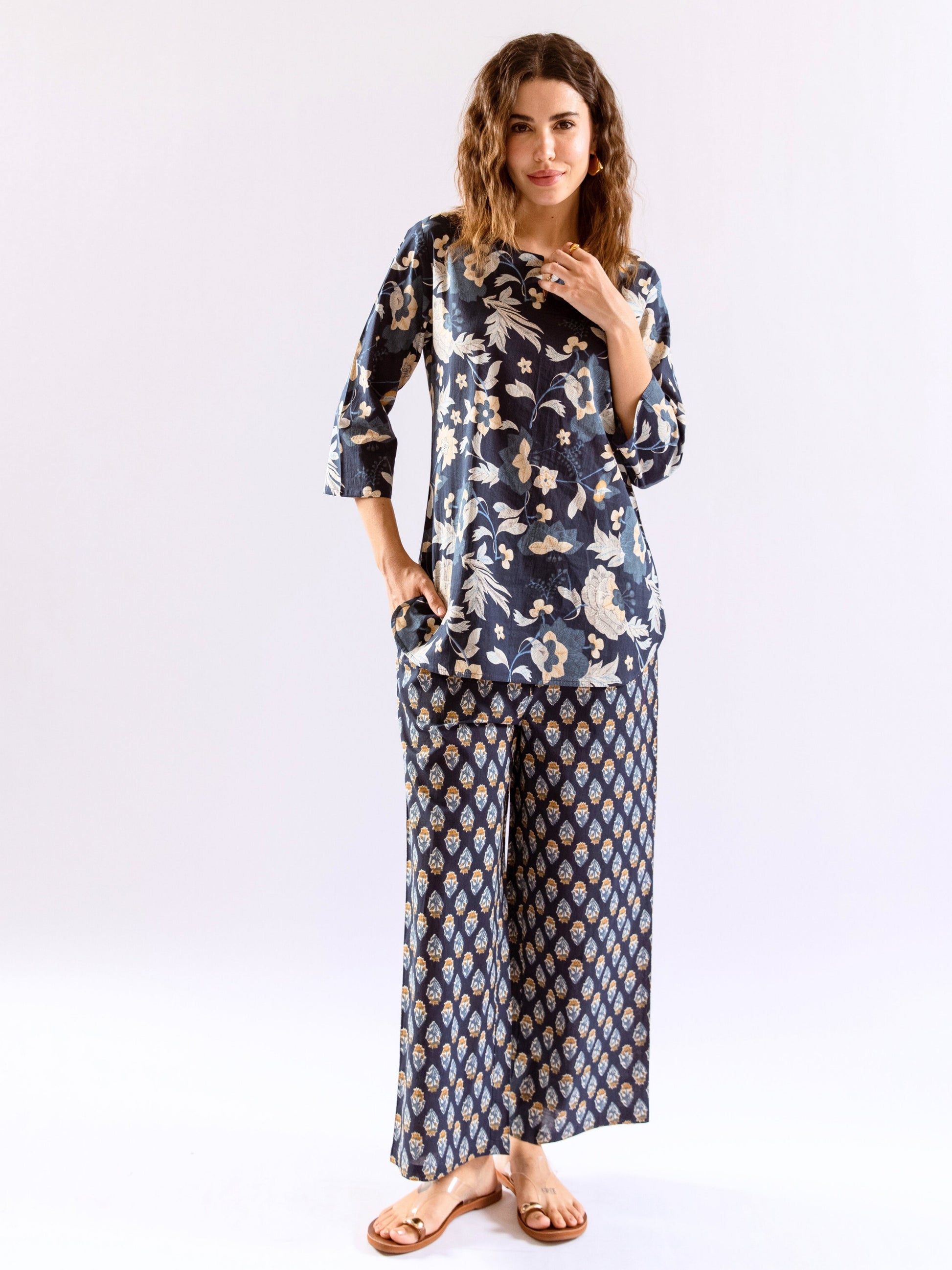 Navy Blue Petal Hush Print Pure Cotton Round neck Co-ord set