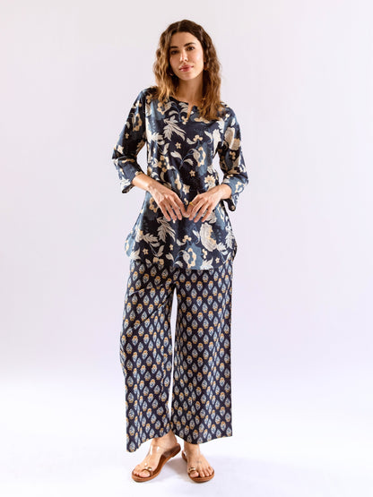 Navy Blue Petal Hush Print Pure Cotton Round neck Co-ord set