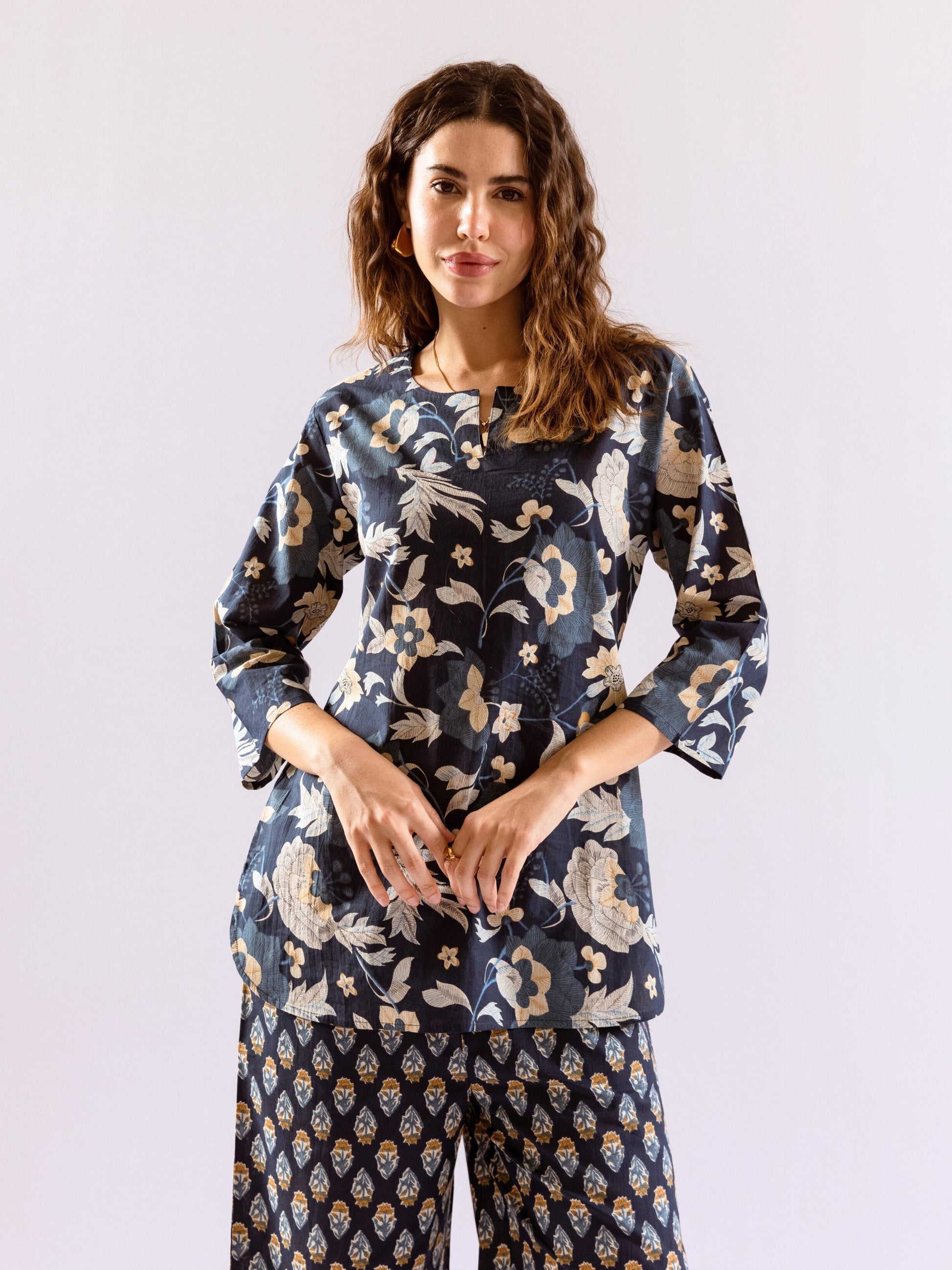 Navy Blue Petal Hush Print Pure Cotton Round neck Co-ord set