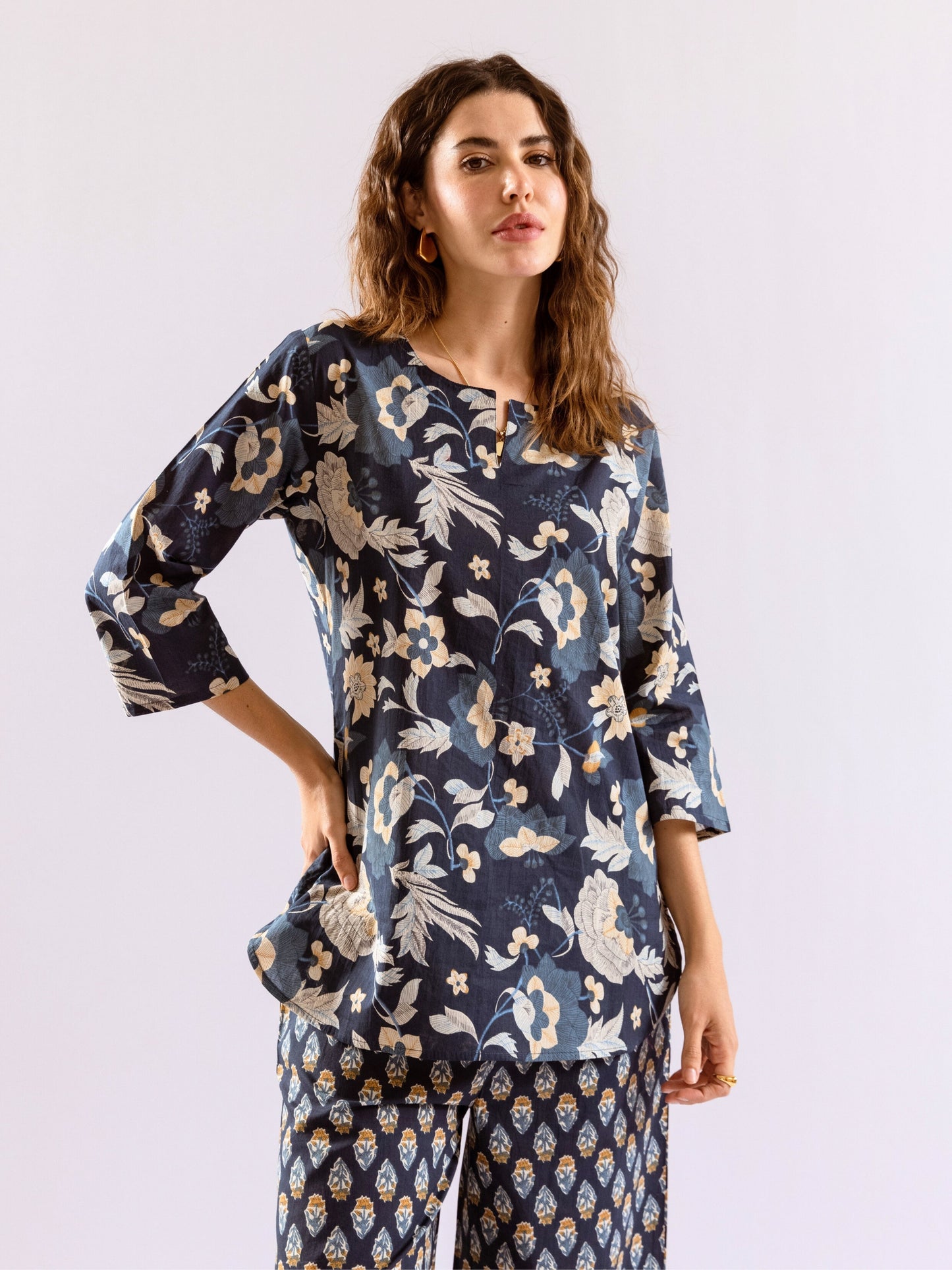 Navy Blue Petal Hush Print Pure Cotton Round neck Co-ord set
