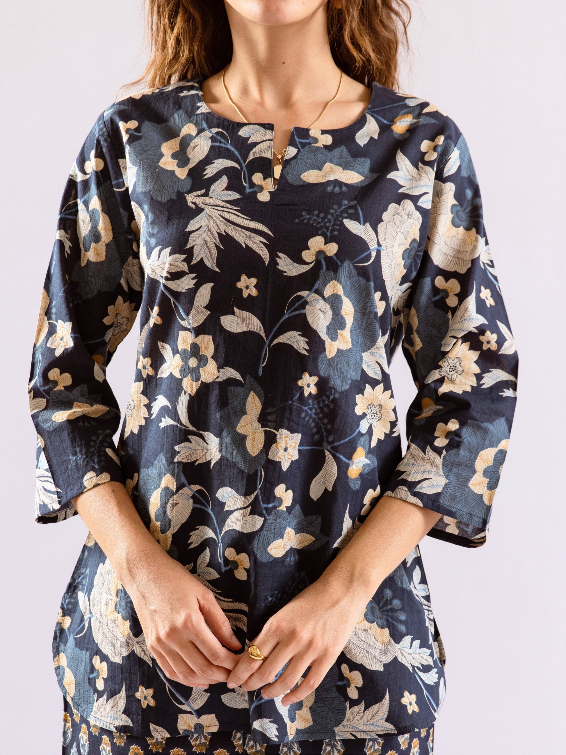 Navy Blue Petal Hush Print Pure Cotton Round neck Co-ord set