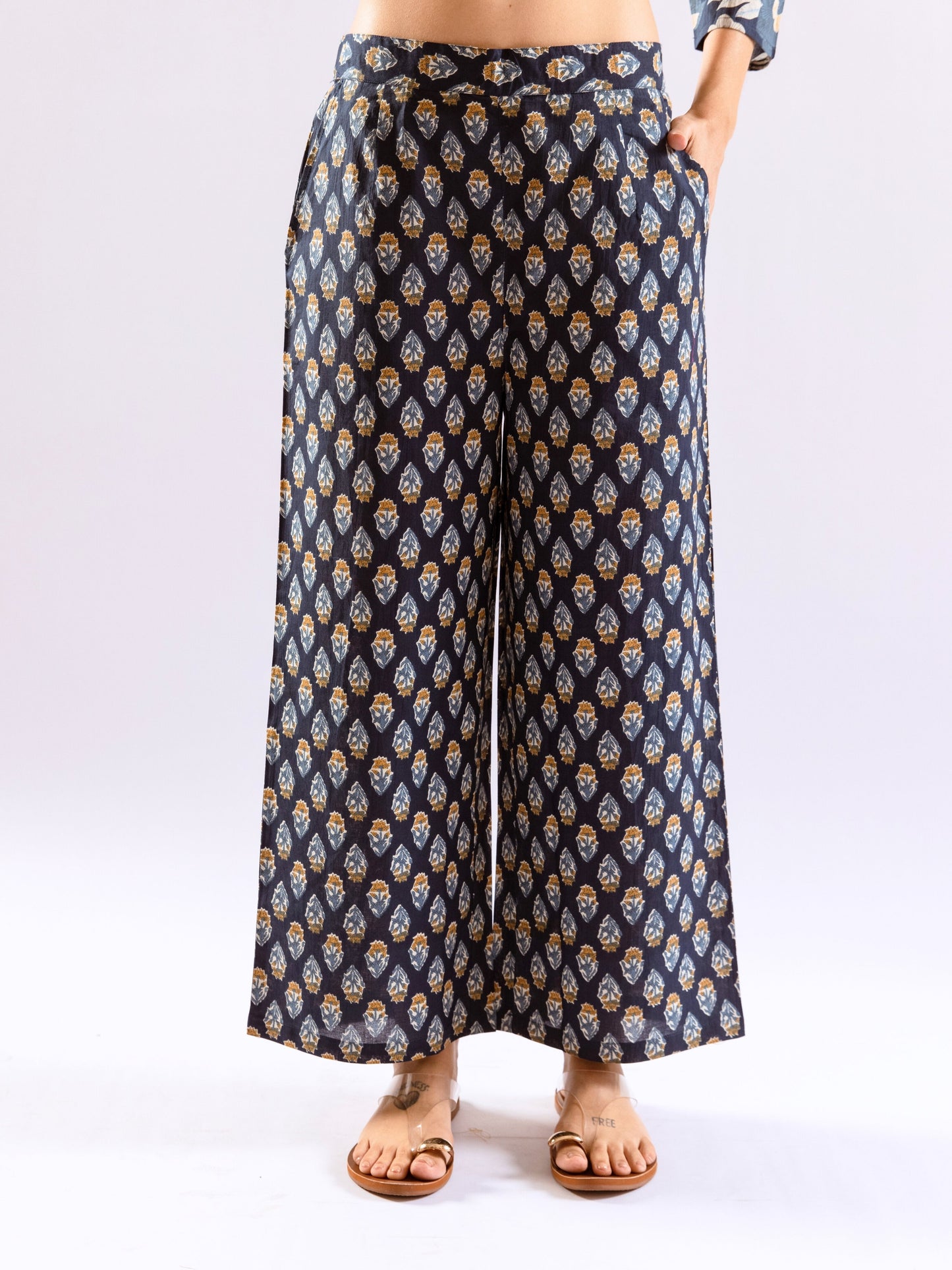 Navy Blue Petal Hush Print Pure Cotton Round neck Co-ord set